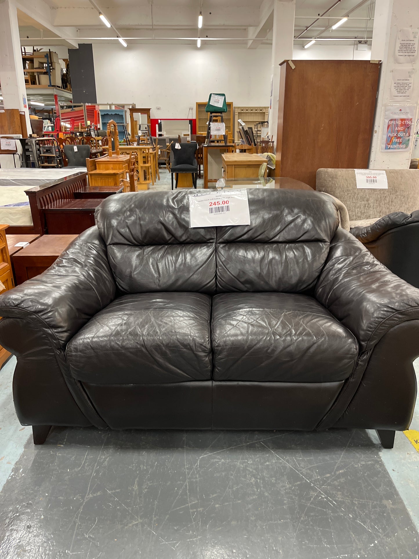 2 seater black soft leather sofa, high back  2125