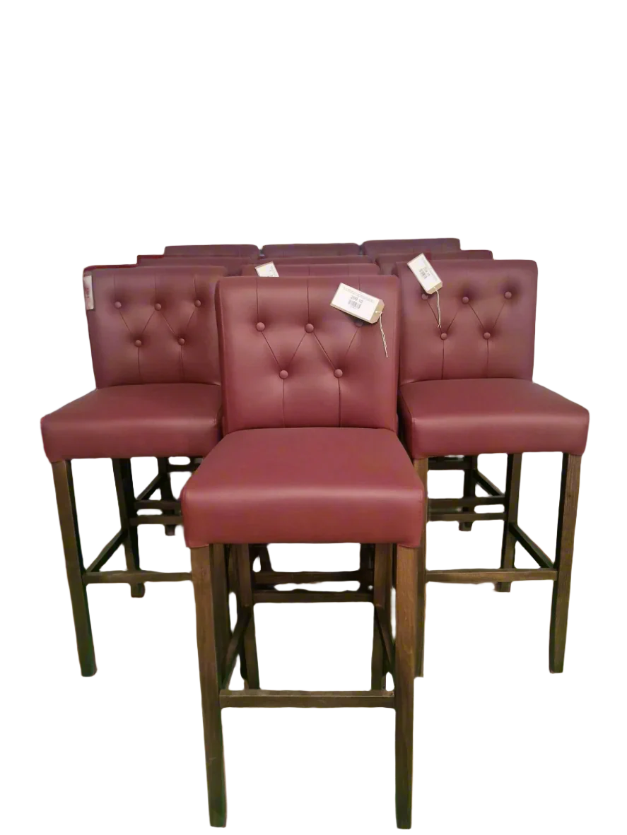 BRAND NEW Tall French style high bar stool with grey or wine leatherette button back, solid beech stained frame