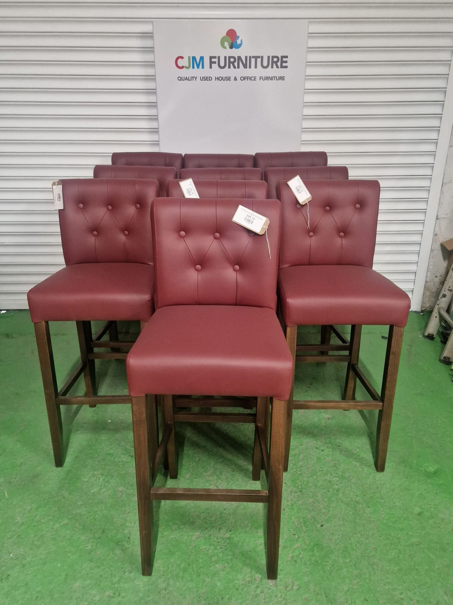 BRAND NEW Tall French style high bar stool with grey or wine leatherette button back, solid beech stained frame