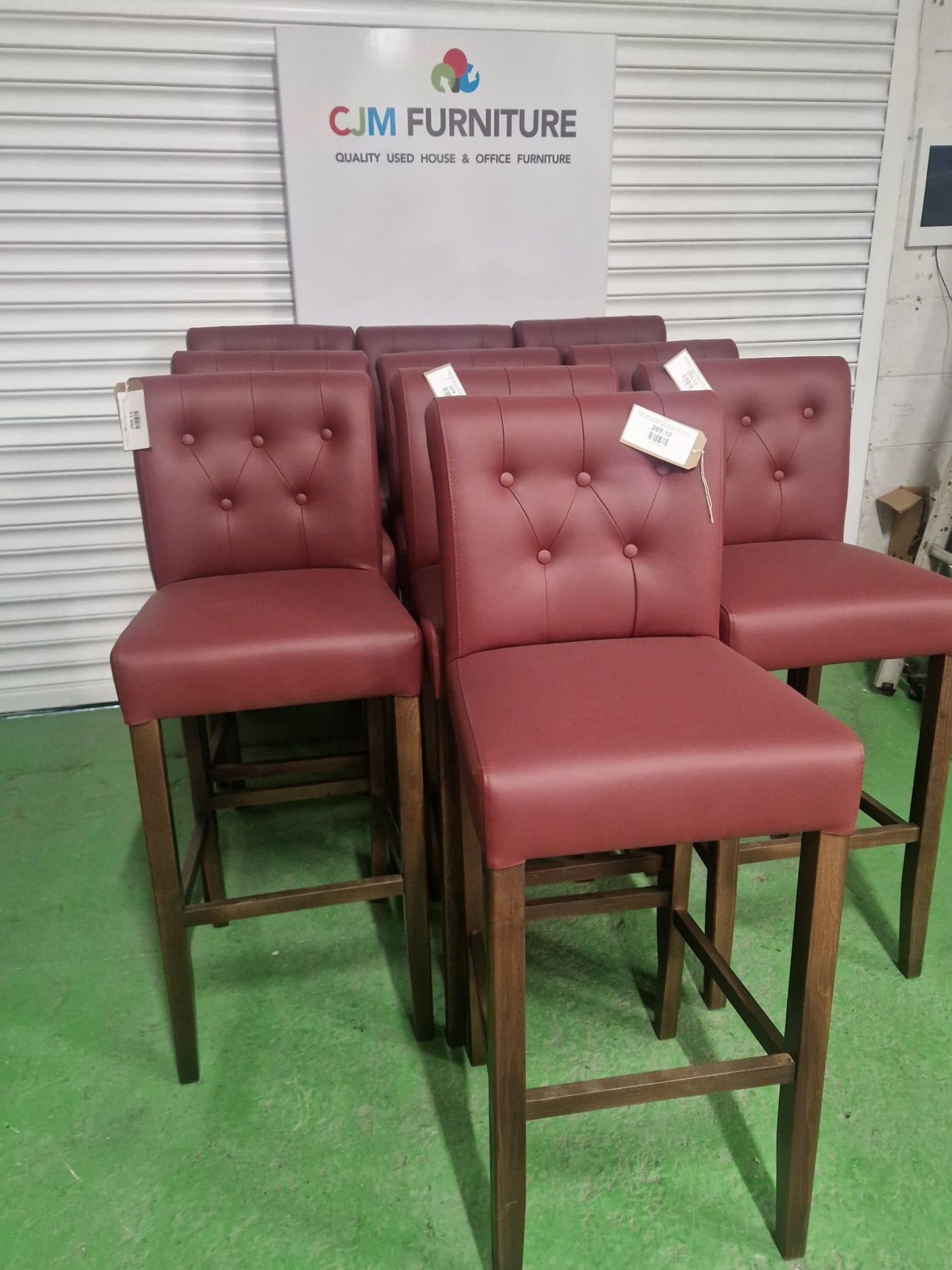 BRAND NEW Tall French style high bar stool with grey or wine leatherette button back, solid beech stained frame