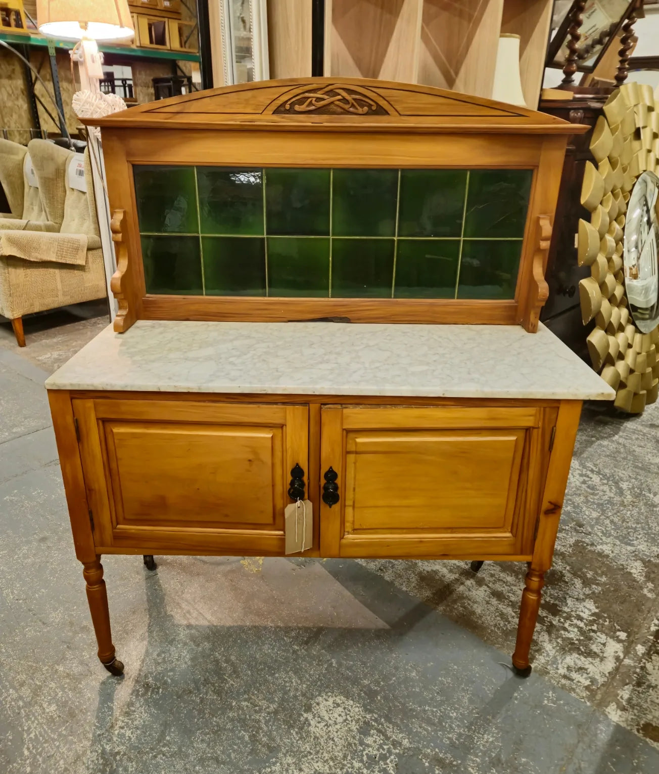 Ornate light wood stained 2 door washstand with green tiled upstand and granite top%A0 2324