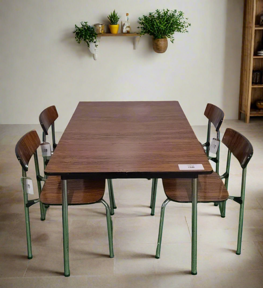 Retro dark laminated and metal kitchen table with 4 no matching chairs 2324