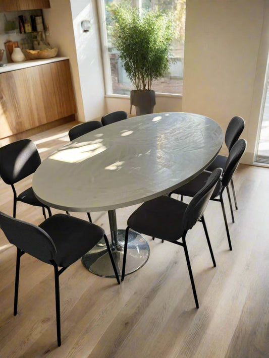 Oval white laminate dining table with metal tulip bases 4124