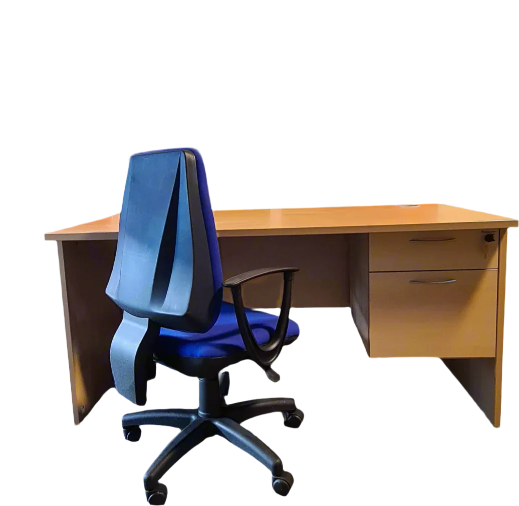 Beech 1600L Straight Desk with High Back Blue Fabric Swivel Chair