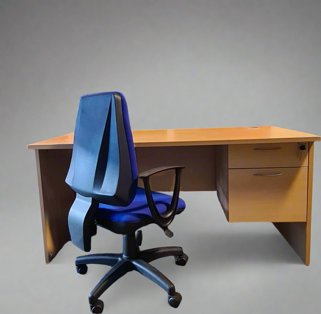 Beech 1600L Straight Desk with High Back Blue Fabric Swivel Chair