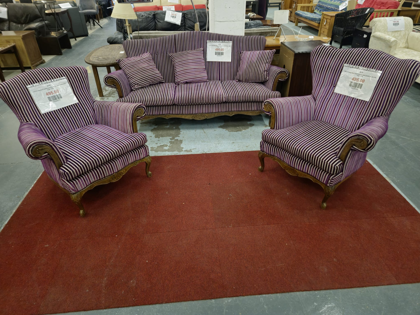 3+1+1 wing back solid wood frame, purple stripe sofa suite  1125