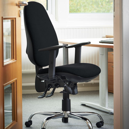 NEW Jota high back ergonomic swivel chair with height adjustable arms and polished chome base in BLACK fabric. Price inc VAT