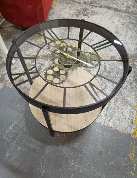 Small glass and metal tiered circular CLOCK lamp table  2324