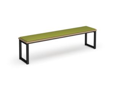 Green fabric padded bench with metal legs