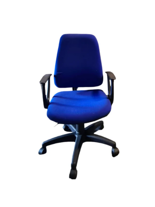 High back blue fabric swivel chair with black loop arms