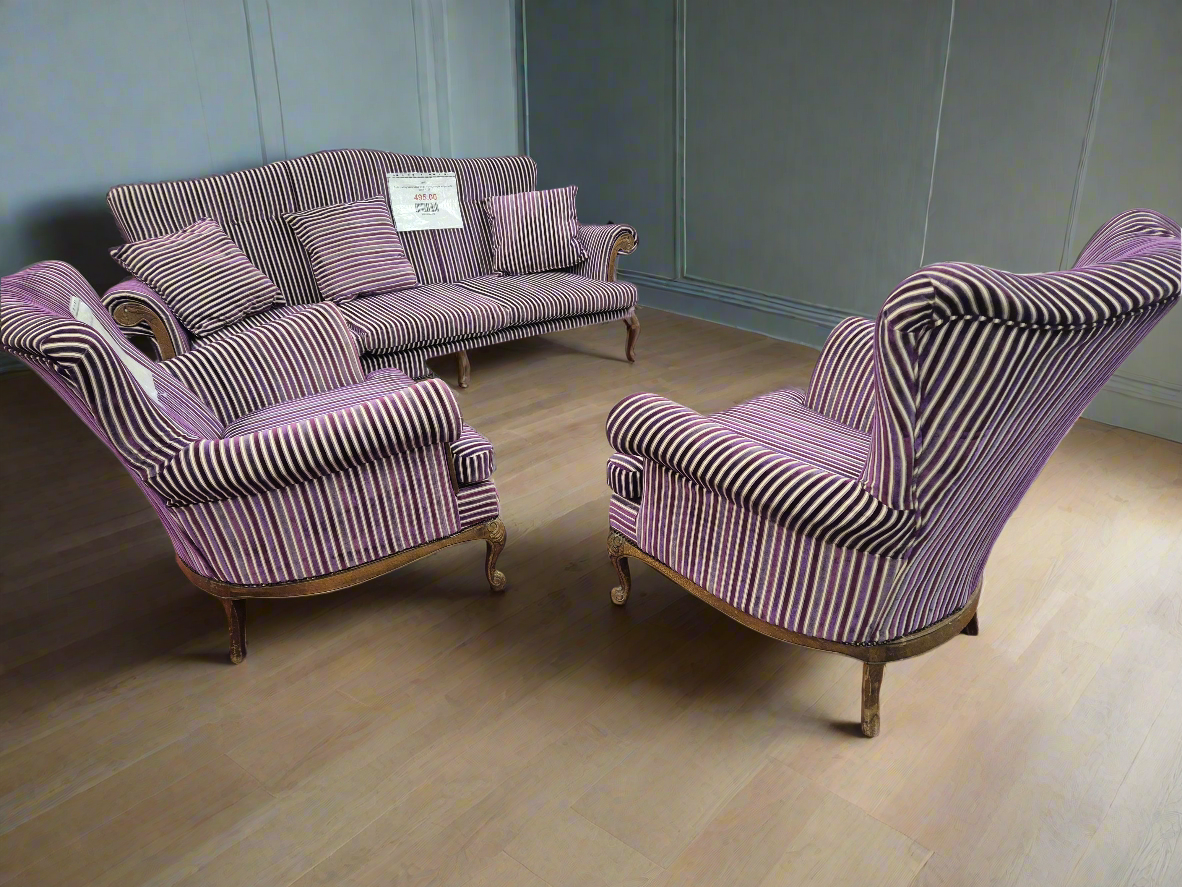 Ornate Purple Stripe 3+1+1 Wooden Framed Sofa Suite