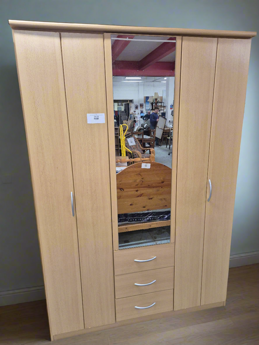 Tall beech large 2 door bi-fold wardrobe with mirror 3324