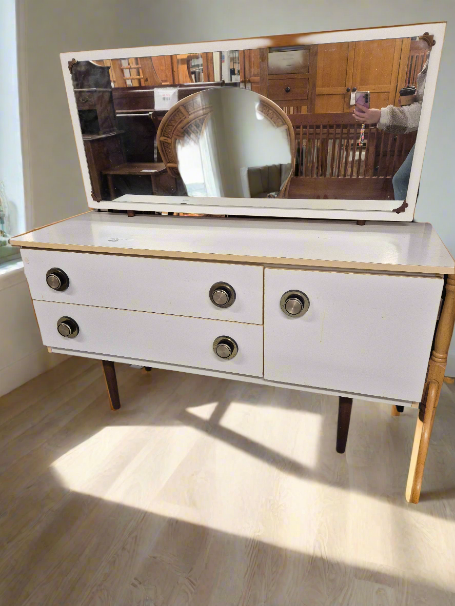 Retro white laminate 2 drawer 1 door bedroom dresser with mirror (circ handles) 3324