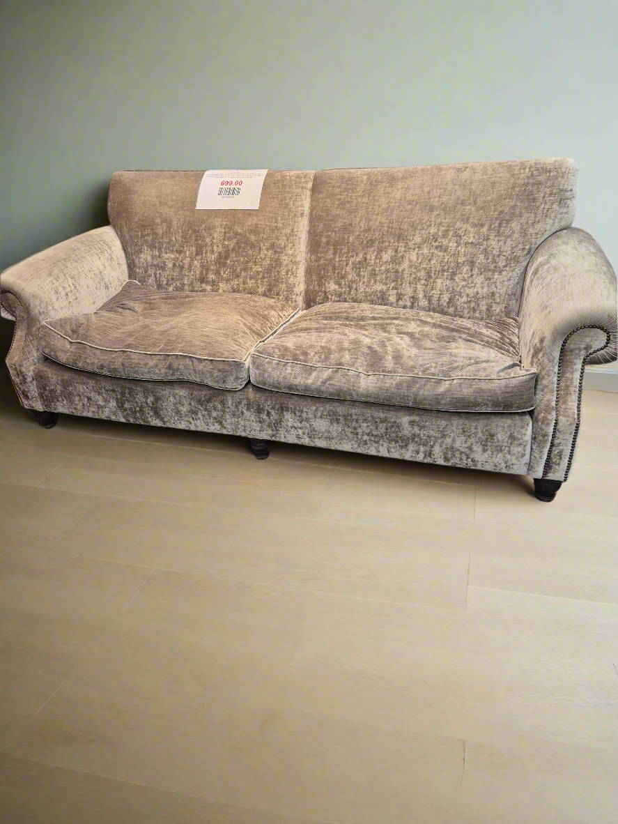 John Sankey Tolstoy grand sofa, scalloped rolling arms, crushed grey velvet 2 seater roll back sofa, feather filled cushions with a foam core%A0 4224