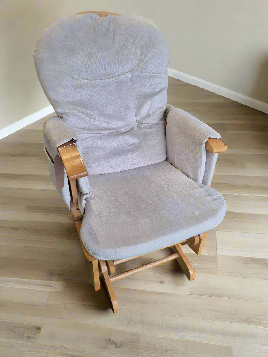 Solid wood rocking chair with matching footstool and cream fabric cushions  1125