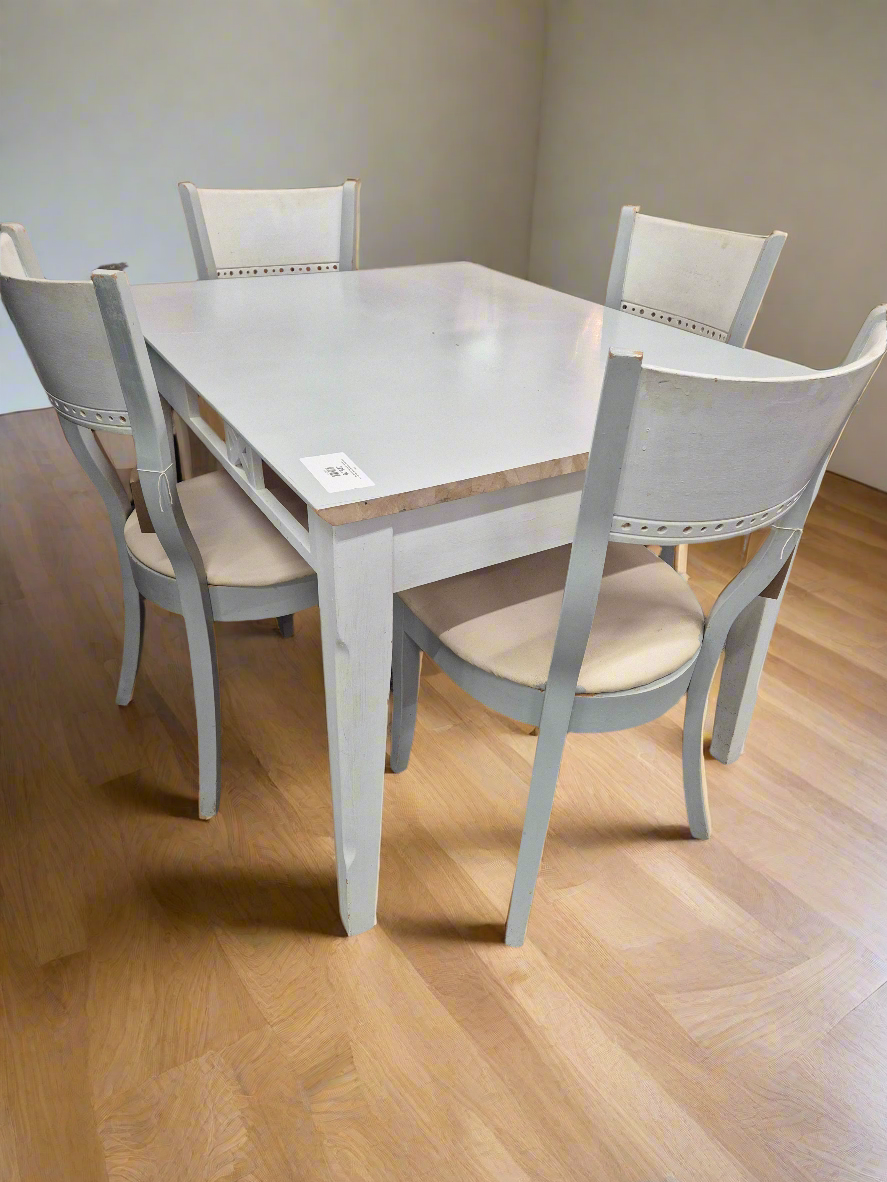 Grey painted rectangular kitchen table with 4 matching chairs