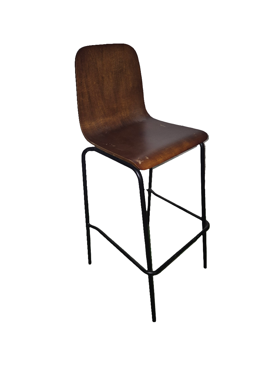 Pitch plywood stained tall bar stool, black metal frame