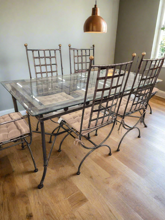 Ornate silver metal framed, rectangular glass top dining table with 6 no. metal chairs with cushions 4224