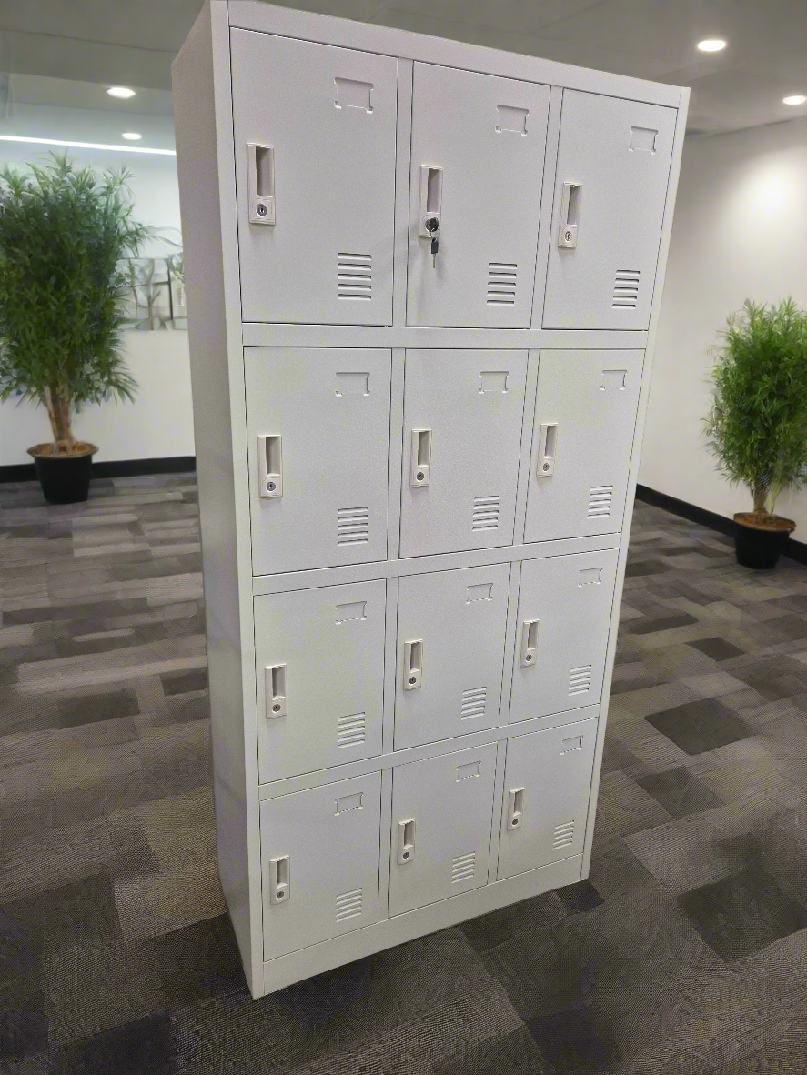 NEW  Stock 12 door personal lockers with keys in grey metal 900W x 400D x 1850H