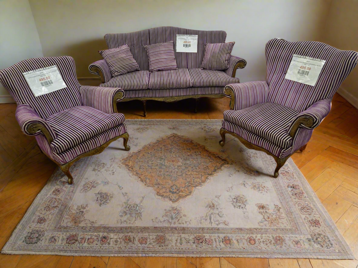 3+1+1 wing back solid wood frame, purple stripe sofa suite  1125