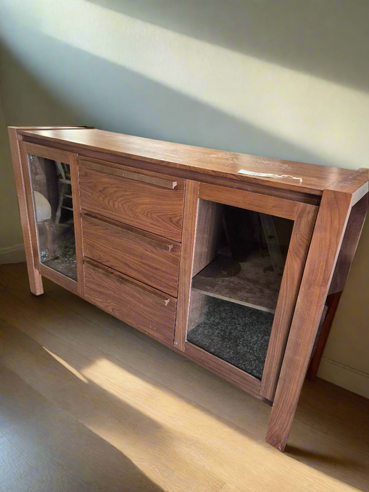 Solid dark wood stained 3 drawer 2 glass door sideboard  3224