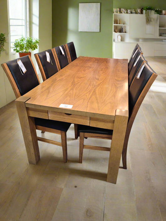 Large solid wood rectangular 8 seater kitchen table with 8 no. high back leatherette dining chairs  4224