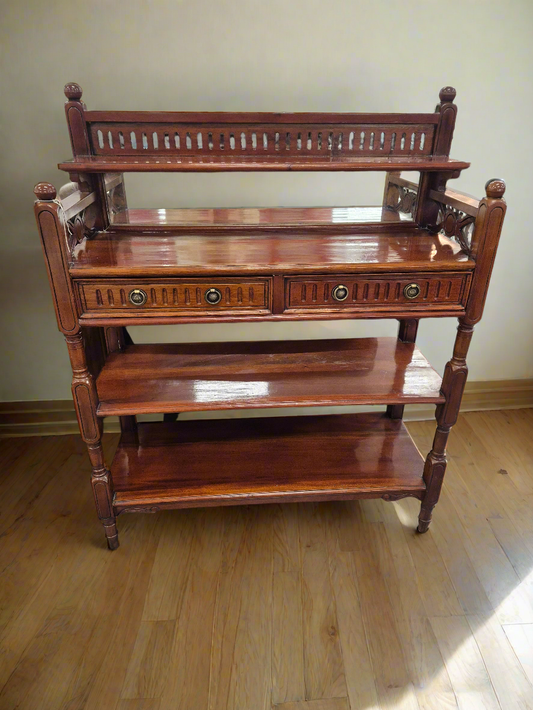 Ornate mahogany 2 drawer tiered display unit  1125