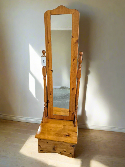 Solid pine 1 drawer tall cheval floor standing mirror  3124