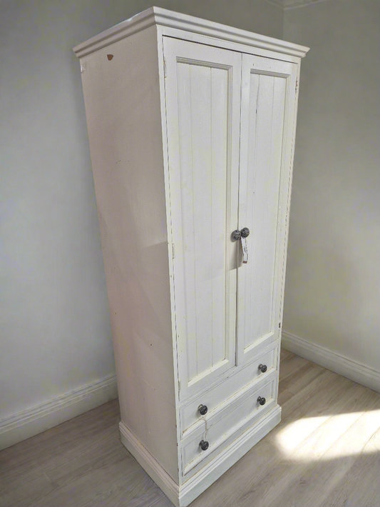 Tall 2 door cream painted solid pine wardrobe with base drawers  1125