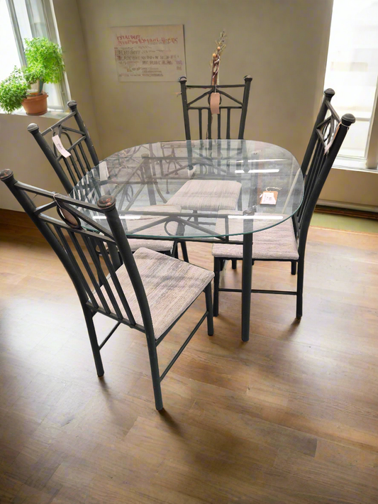 Al Frank framed metal and glass dining table with 4 no. matching chairs (fabric needs replacing) 1125