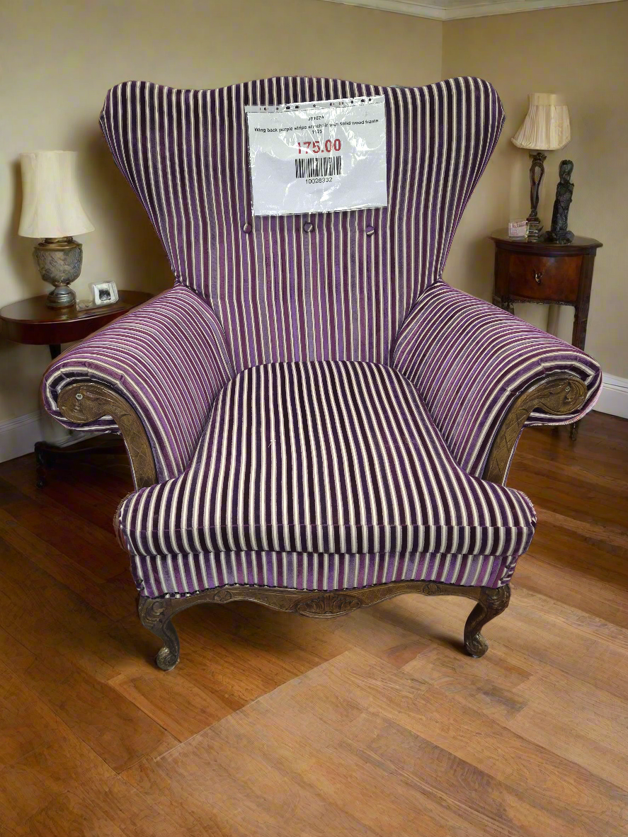 Wing back purple stripe armchair with solid wood frame 1125