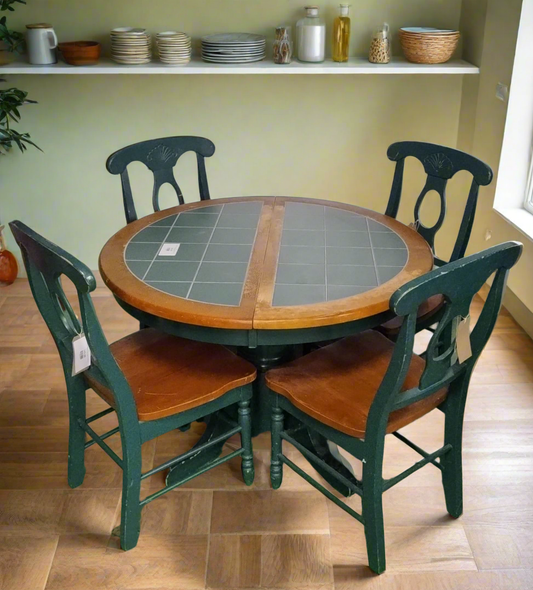 Green tiled and hardwood circular kitchen table with 4 no. Matching chairs 4124