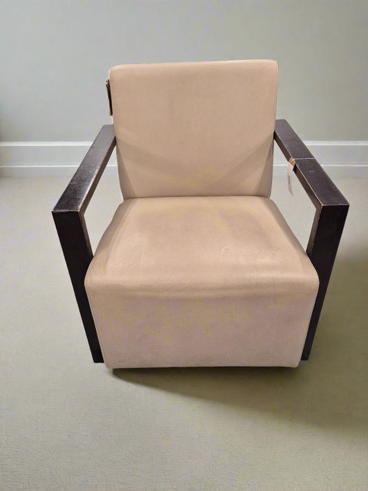 Solid wood stained frame RECEPTION lounge chair with cream leather finish