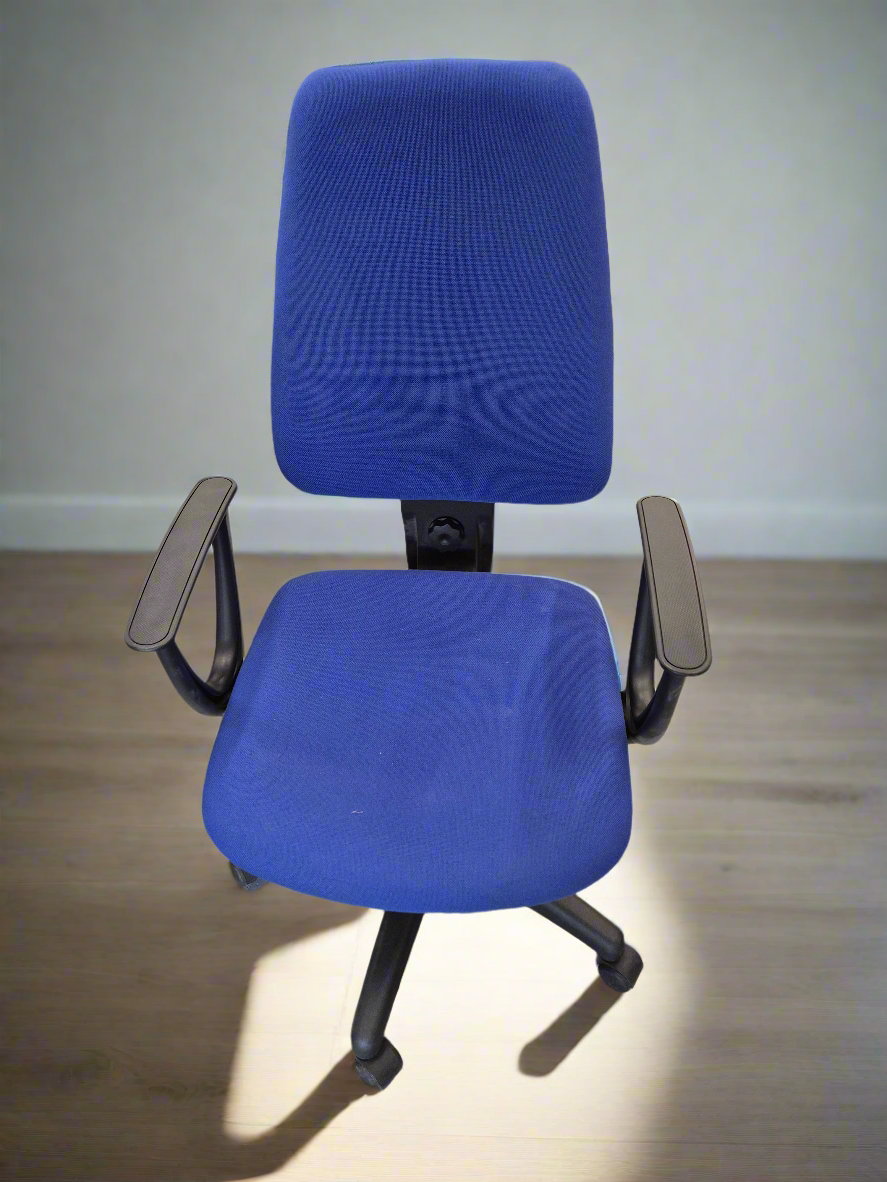 High back royal blue fabric height adjustable swivel chair with fixed loop arms