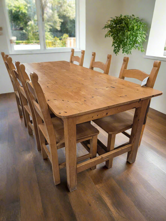 Solid pine large farmhouse kitchen table with 6 no. matching chairs  4224