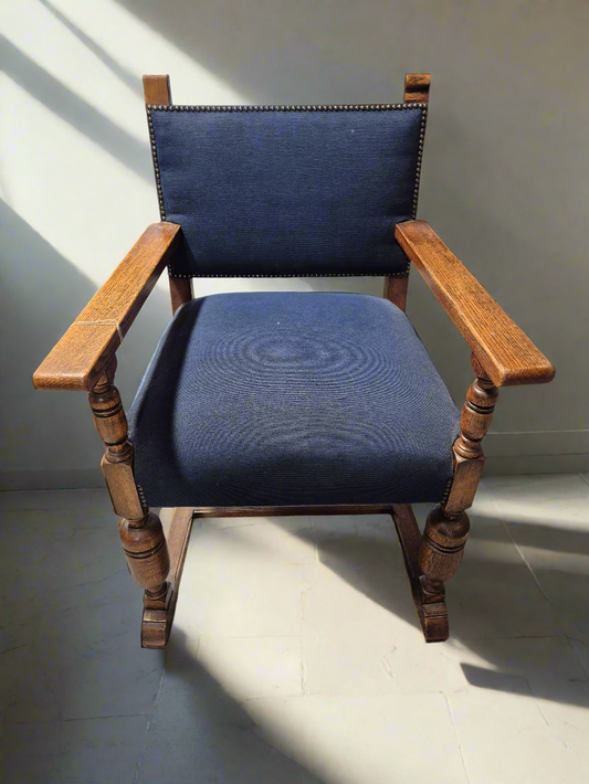 Solid oak carver chair with dark navy fabric seat