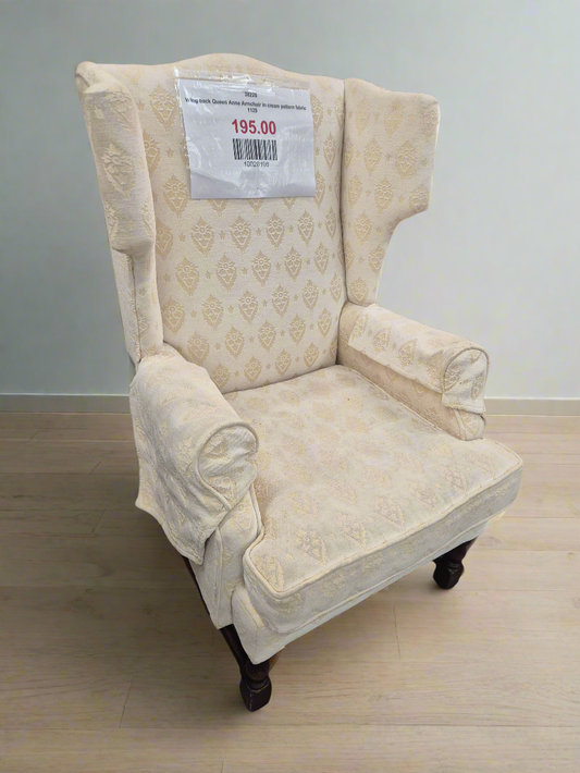 Wing back Queen Anne Armchair in cream pattern fabric  1125