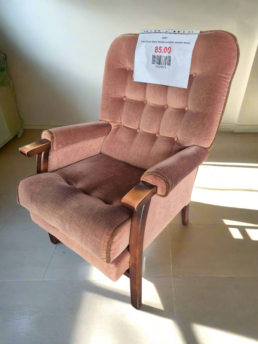 Retro brown fabric fireside armchair, wooden frame