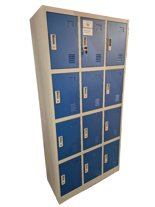 NEW  Stock 12 door personal lockers with keys in grey and blue metal 900W x 400D x 1850H