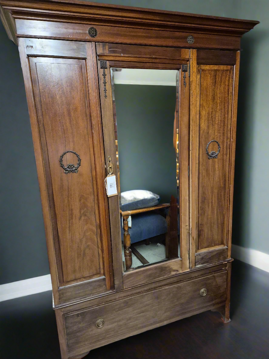 Tall Antique mahogany 2 door wardrobe with base drawer and central mirror%A0 4224