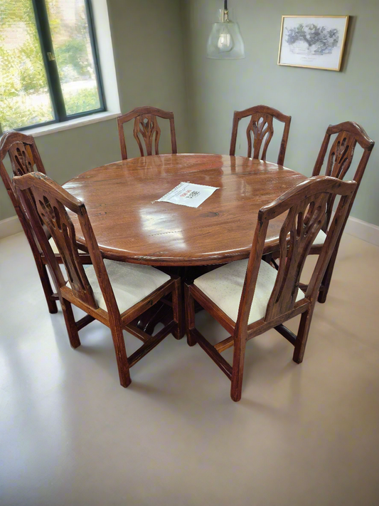 Large Zimbabwe solid teak 5ft kitchen table with 6 no. matching chairs%A0 1125