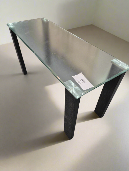 Frosted glass and black metal framed tall console table  4124