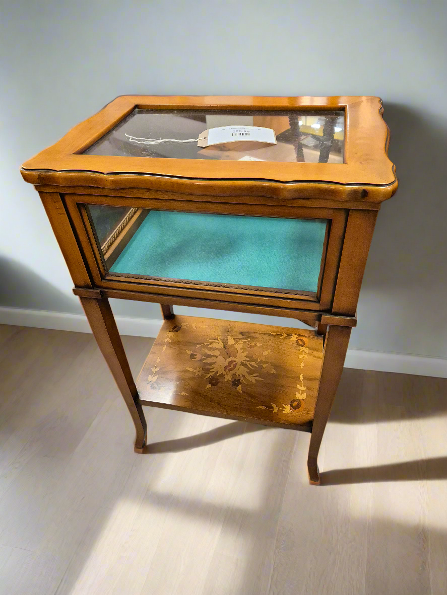 Rosewood mahogany ornate inlaid glass display unit lift up top, green felt inside 3324