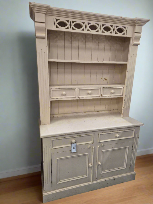 Tall top open cream painted solid wood kitchen dresser with ornate detail and base doors  1125