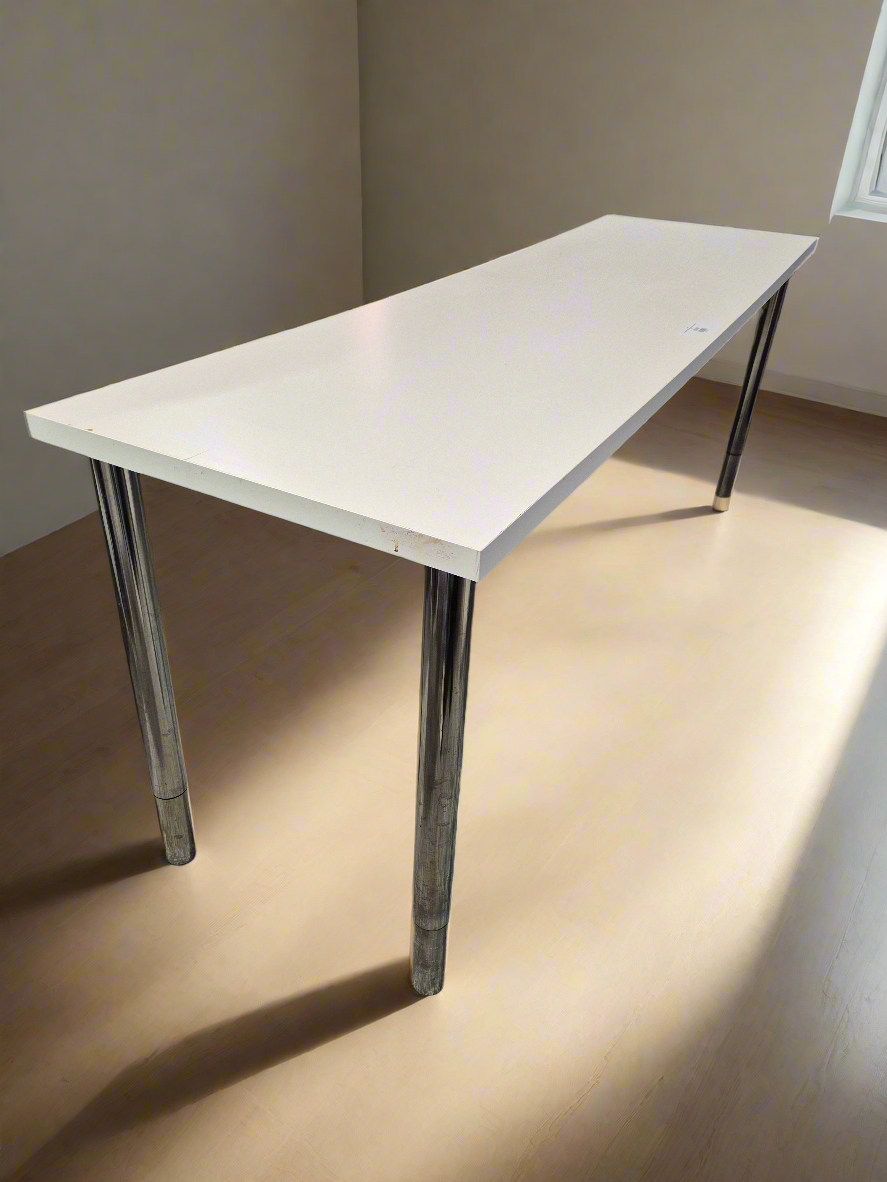 Large white laminate study desk with metal tubular legs  4224