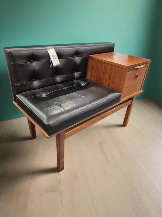 Retro G plan teak stained black leatherette telephone table with drawer 