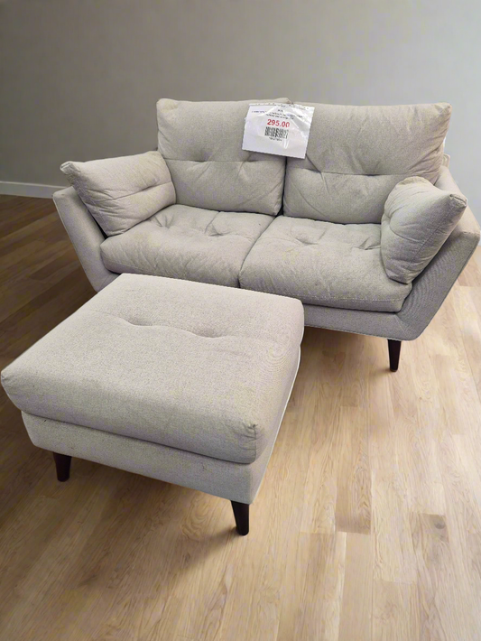 2 seater grey fabric sofa with matching small top open footstool with storage 4224