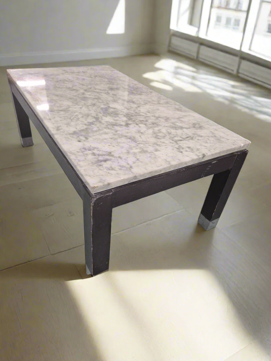 Solid wood stained low rectangular coffee table with granite top