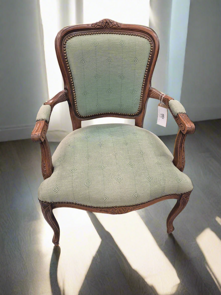 Italian limogue, solid dark wood armchair with green mix fabric  1125