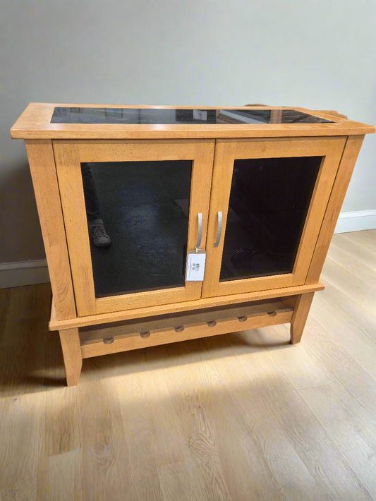 Oak 2 Door Black Glass Storage Unit With Wine Rack Underneath 1125